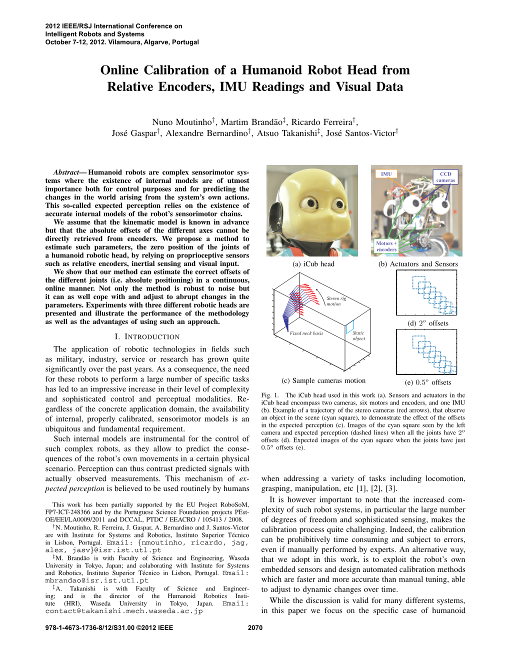 Online Calibration of a Humanoid Robot Head from Relative Encoders, IMU Readings and Visual Data