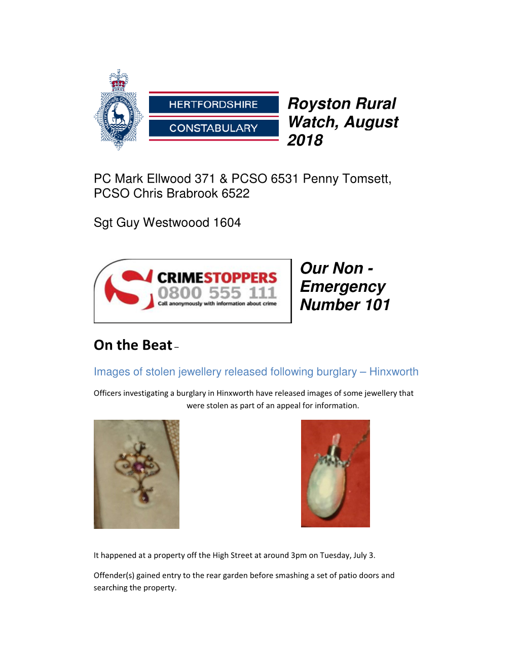 Royston Rural Watch, August 2018 Our