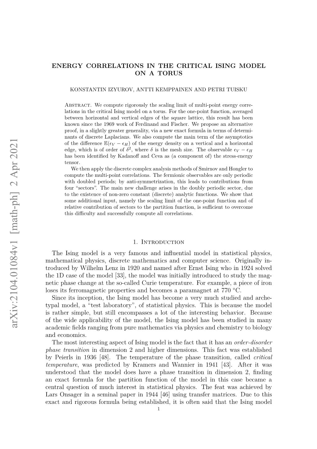 Arxiv:2104.01084V1 [Math-Ph] 2 Apr 2021 Academic ﬁelds Ranging from Pure Mathematics Via Physics and Chemistry to Biology and Economics