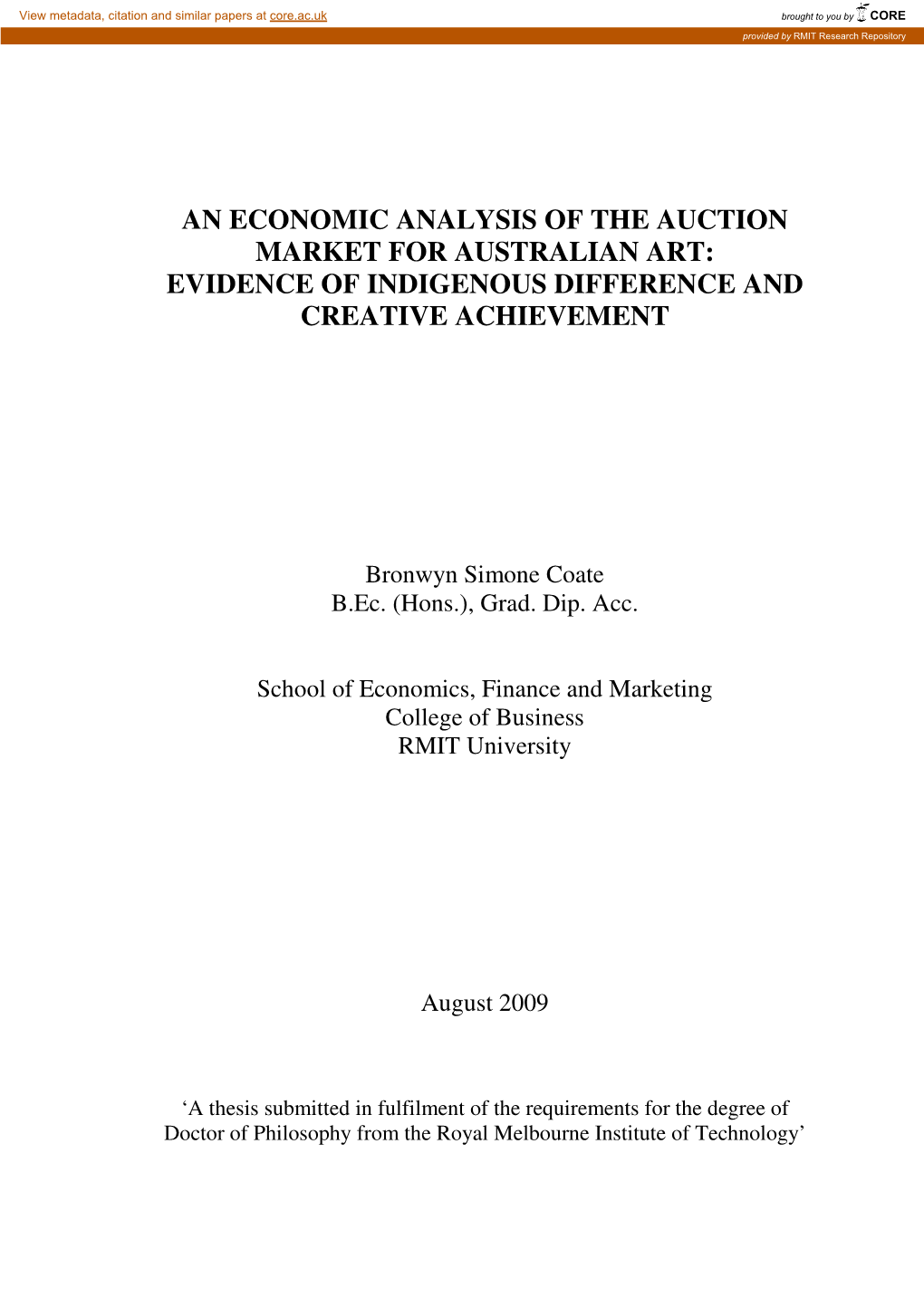 An Economic Analysis of the Auction Market for Australian Art: Evidence of Indigenous Difference and Creative Achievement