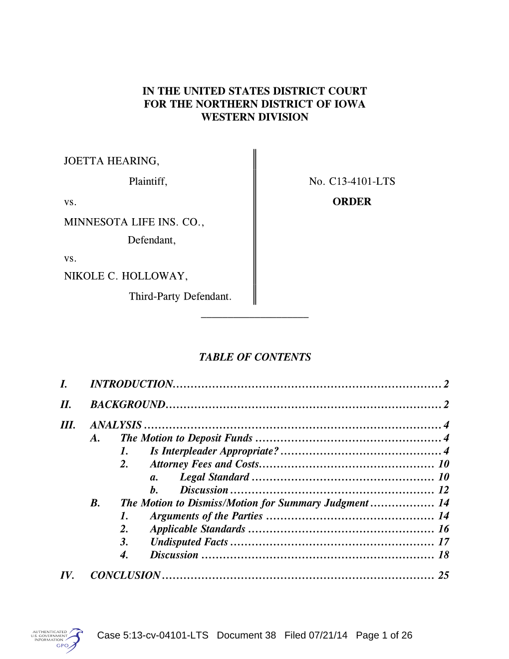 In the United States District Court for the Northern District of Iowa Western Division