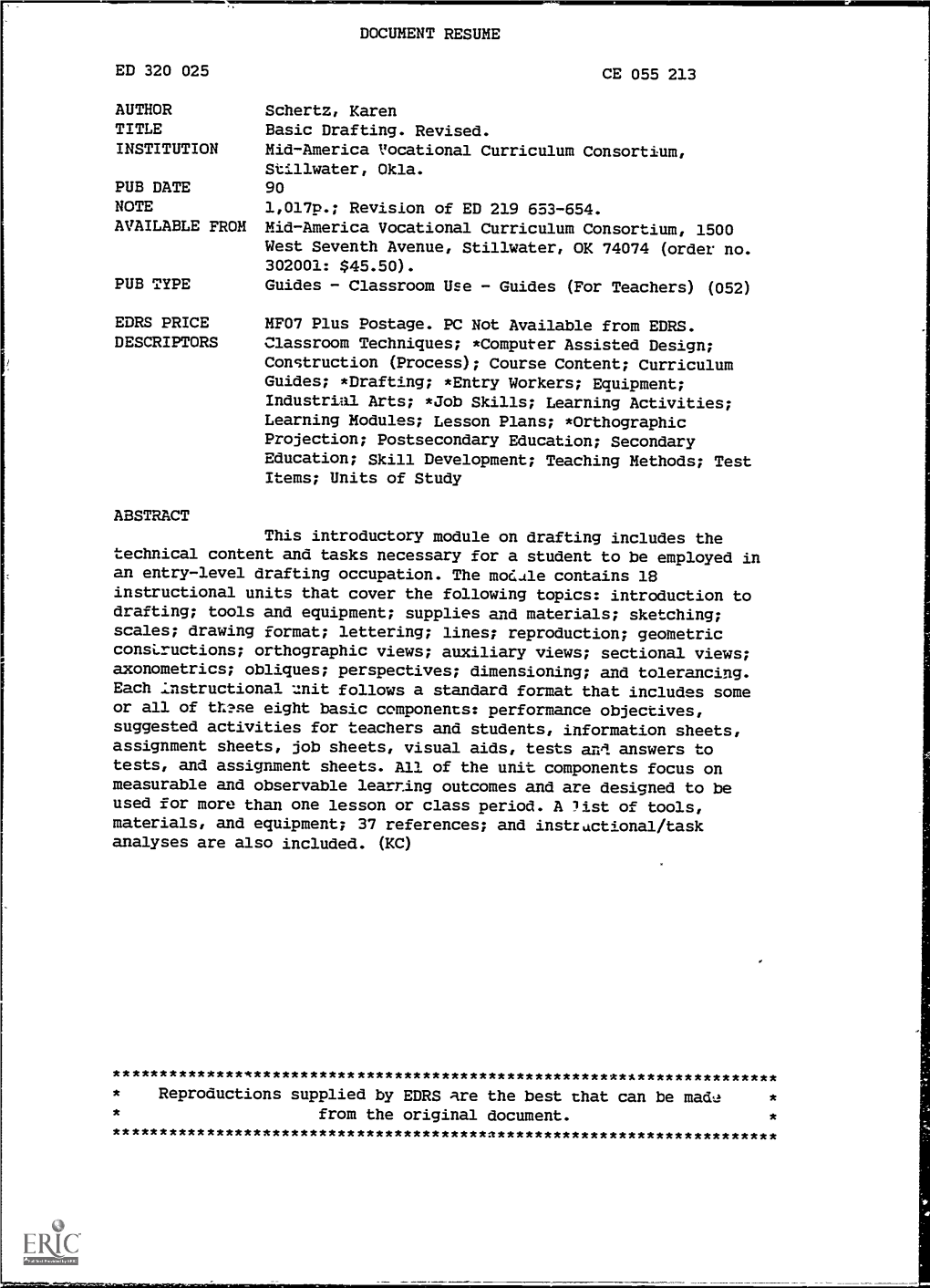 Basic Drafting. Revised. INSTITUTION Mid-America Vocational Curriculum Consortium, Stillwater, Okla