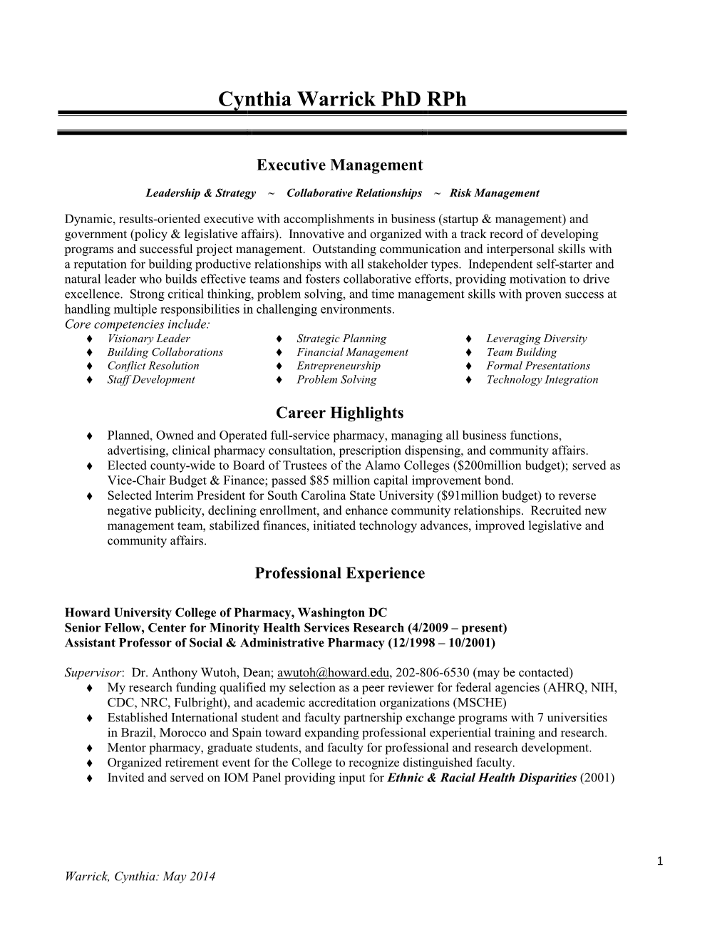 Dr. Cynthia Warrick's Résumé