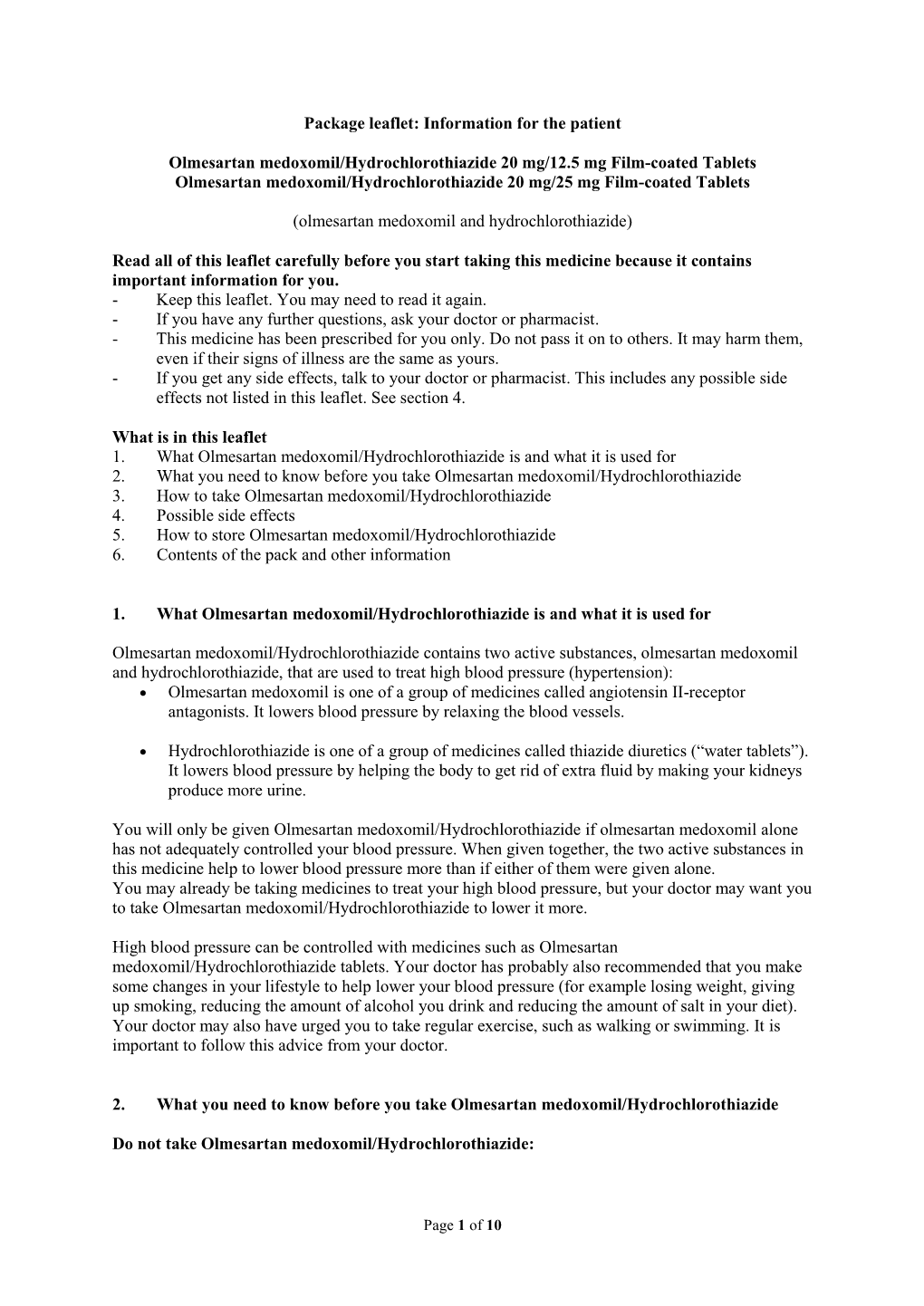 Package Leaflet: Information for the Patient Olmesartan Medoxomil/Hydrochlorothiazide 20 Mg/12.5 Mg Film-Coated Tablets Olmesart