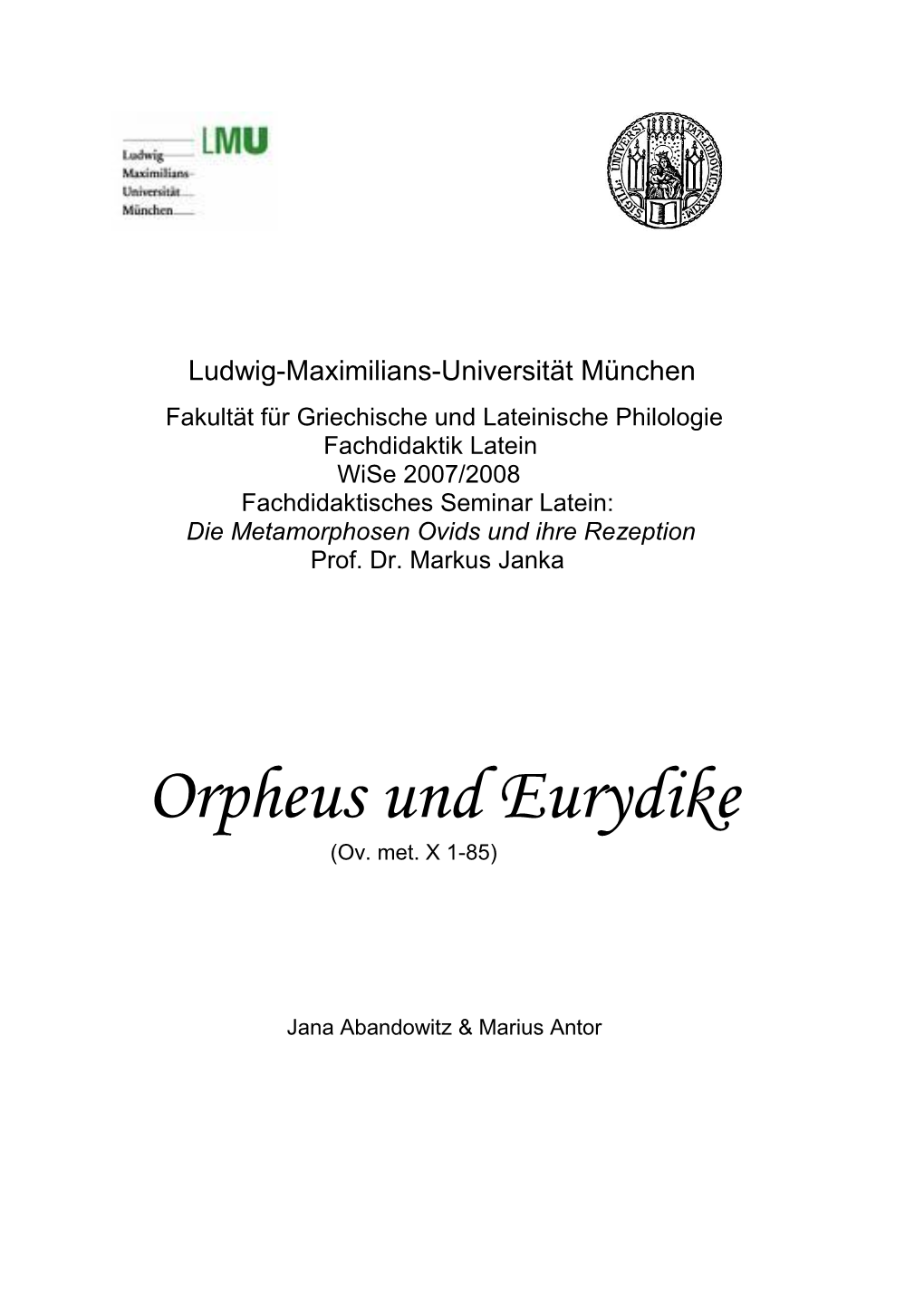 Orpheus Und Eurydike (Ov