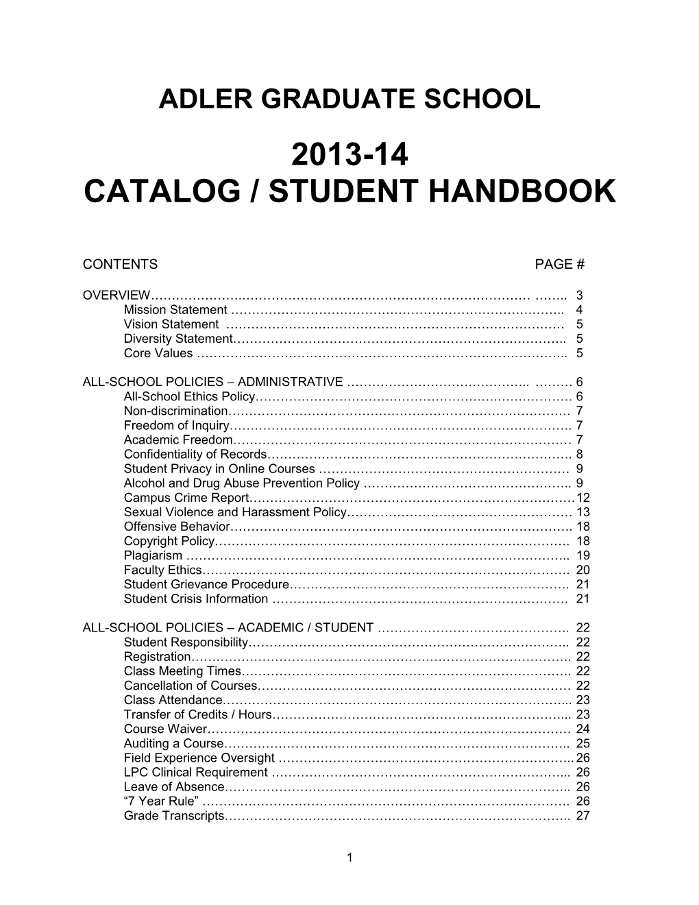 Adler Graduate School 2013-14 Catalog / Student Handbook