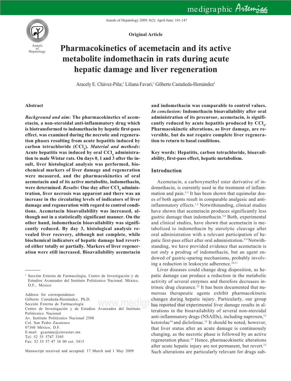 Pharmacokinetics of Acemetacin and Its Active Metabolite Indomethacin in Rats During Acute Hepatic Damage and Liver Regeneration