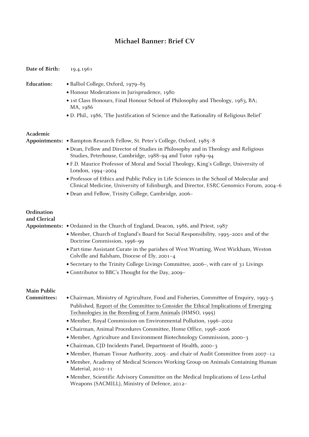 Michael Banner: Brief CV