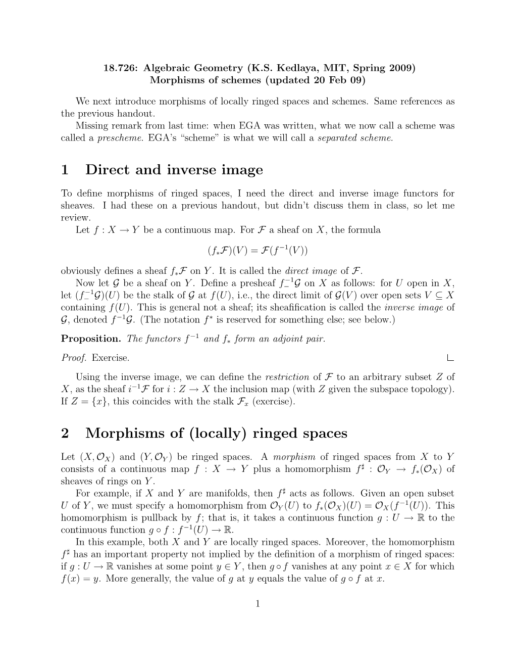 1 Direct and Inverse Image 2 Morphisms of (Locally) Ringed Spaces