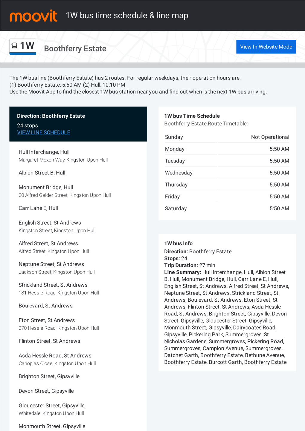 1W Bus Time Schedule & Line Route