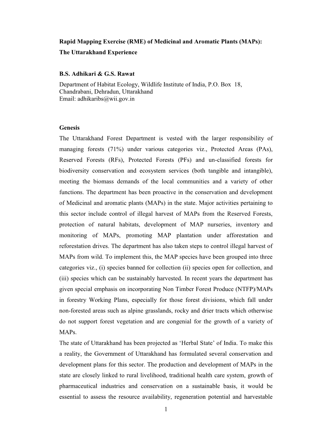 1 Rapid Mapping Exercise (RME) of Medicinal and Aromatic Plants