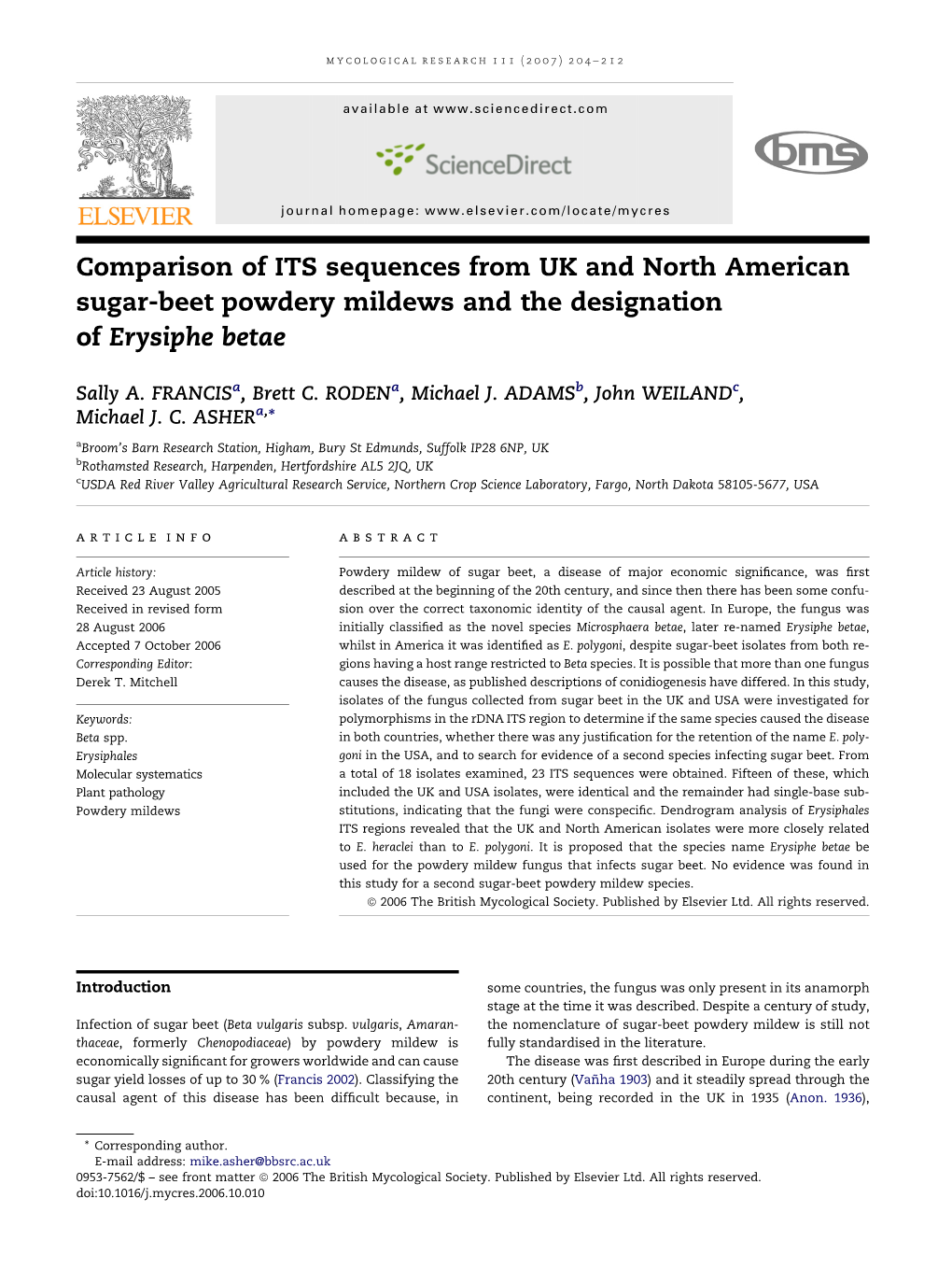 Comparison of ITS Sequences from UK and North American Sugar-Beet Powdery Mildews and the Designation of Erysiphe Betae