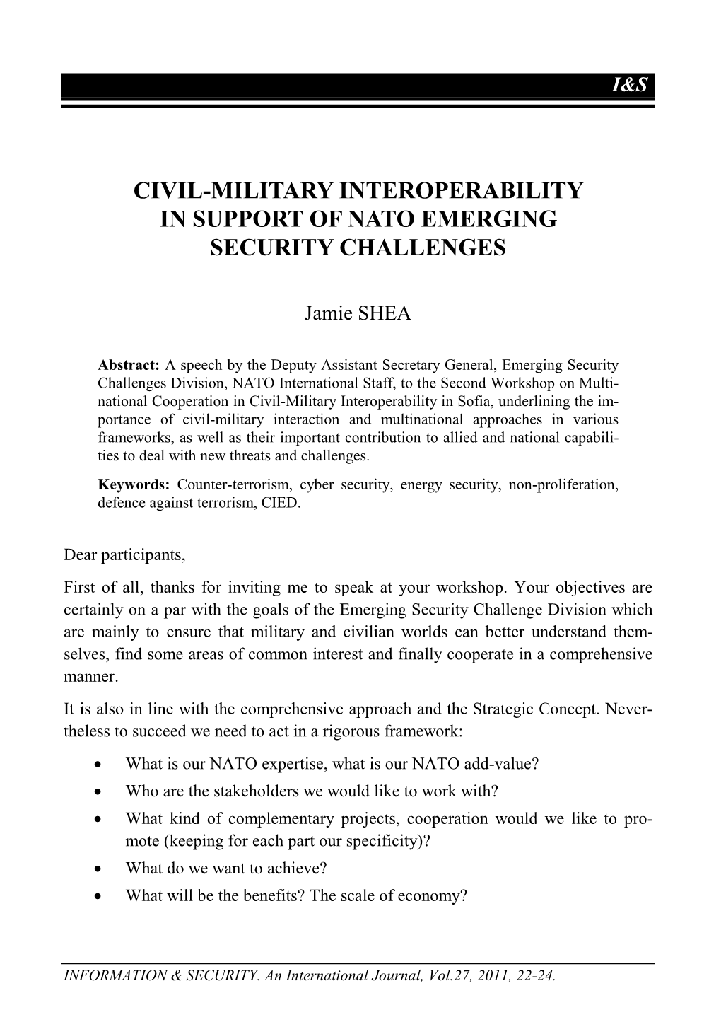 Civil-Military Interoperability in Support of Nato Emerging Security Challenges