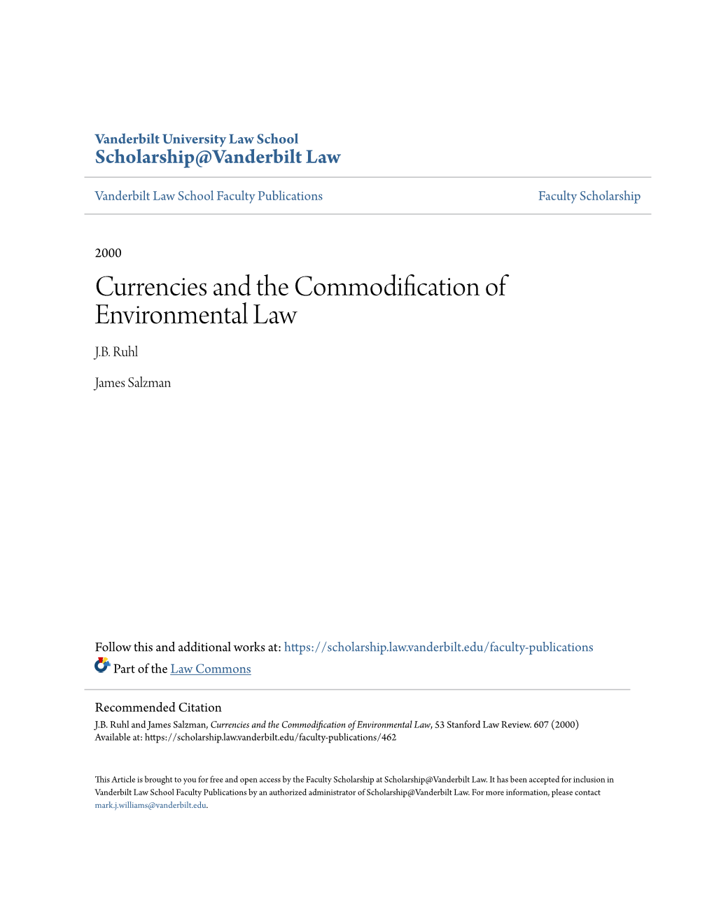 Currencies and the Commodification of Environmental Law J.B