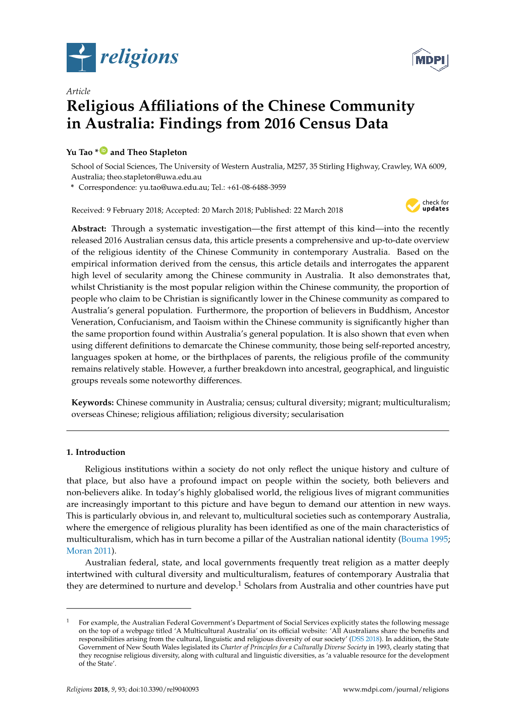 Religious Affiliations of the Chinese Community in Australia: Findings