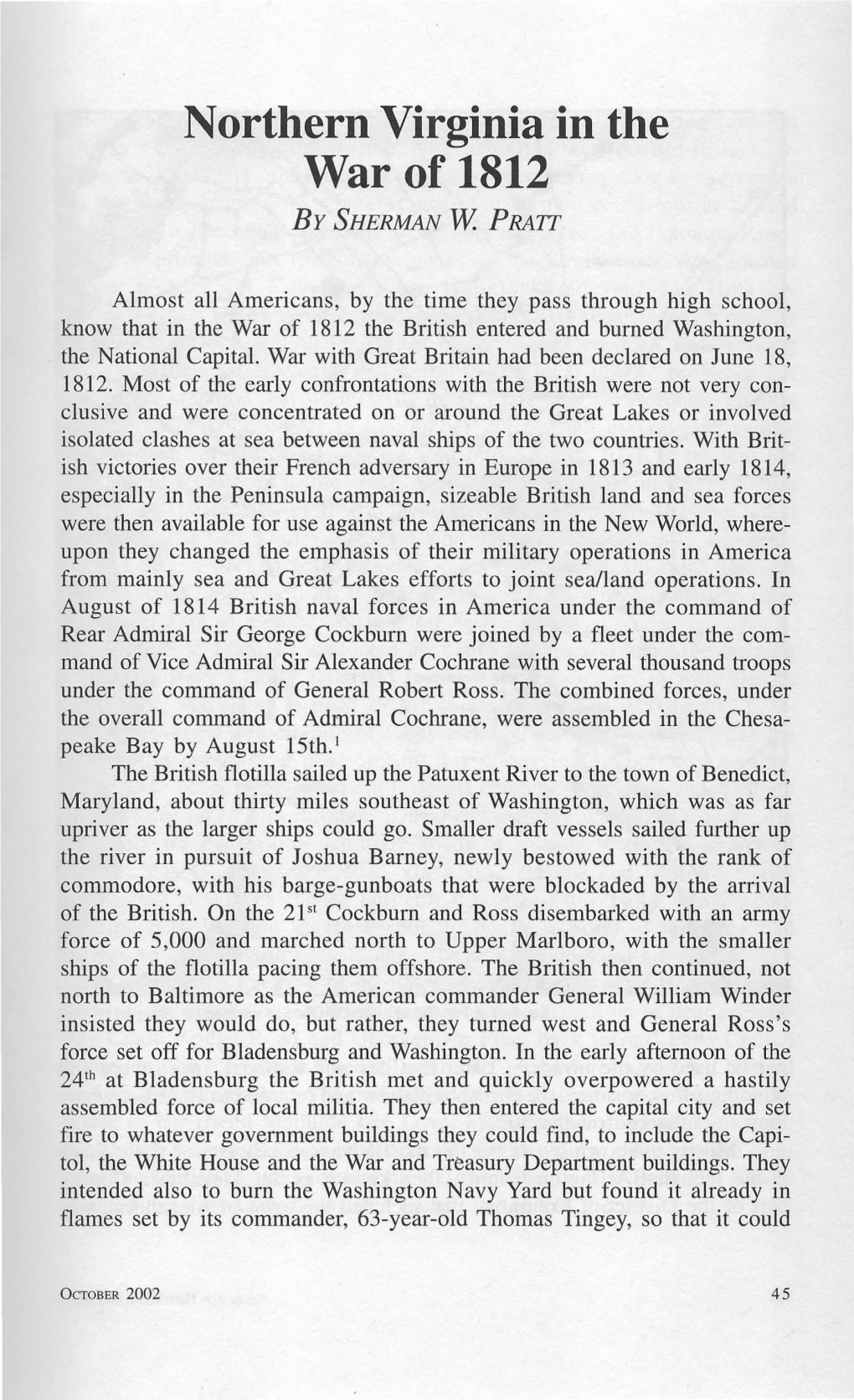 Northern Virginia in the War of 1812 by SHERMAN W PRATT