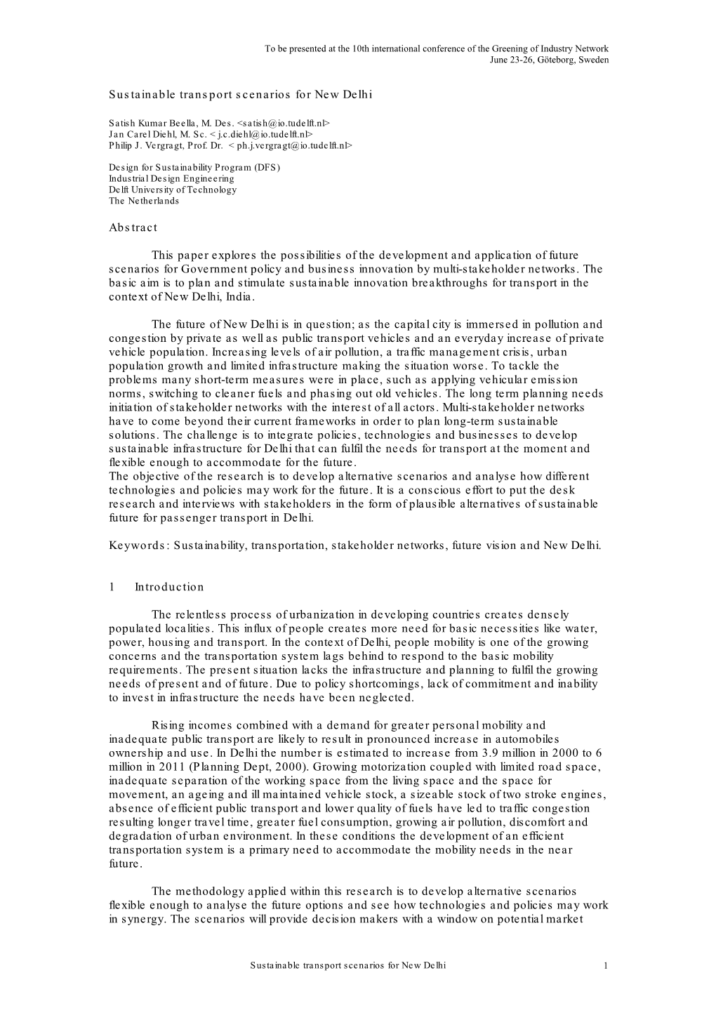 Sustainable Transport Scenarios for New Delhi Abstract This Paper