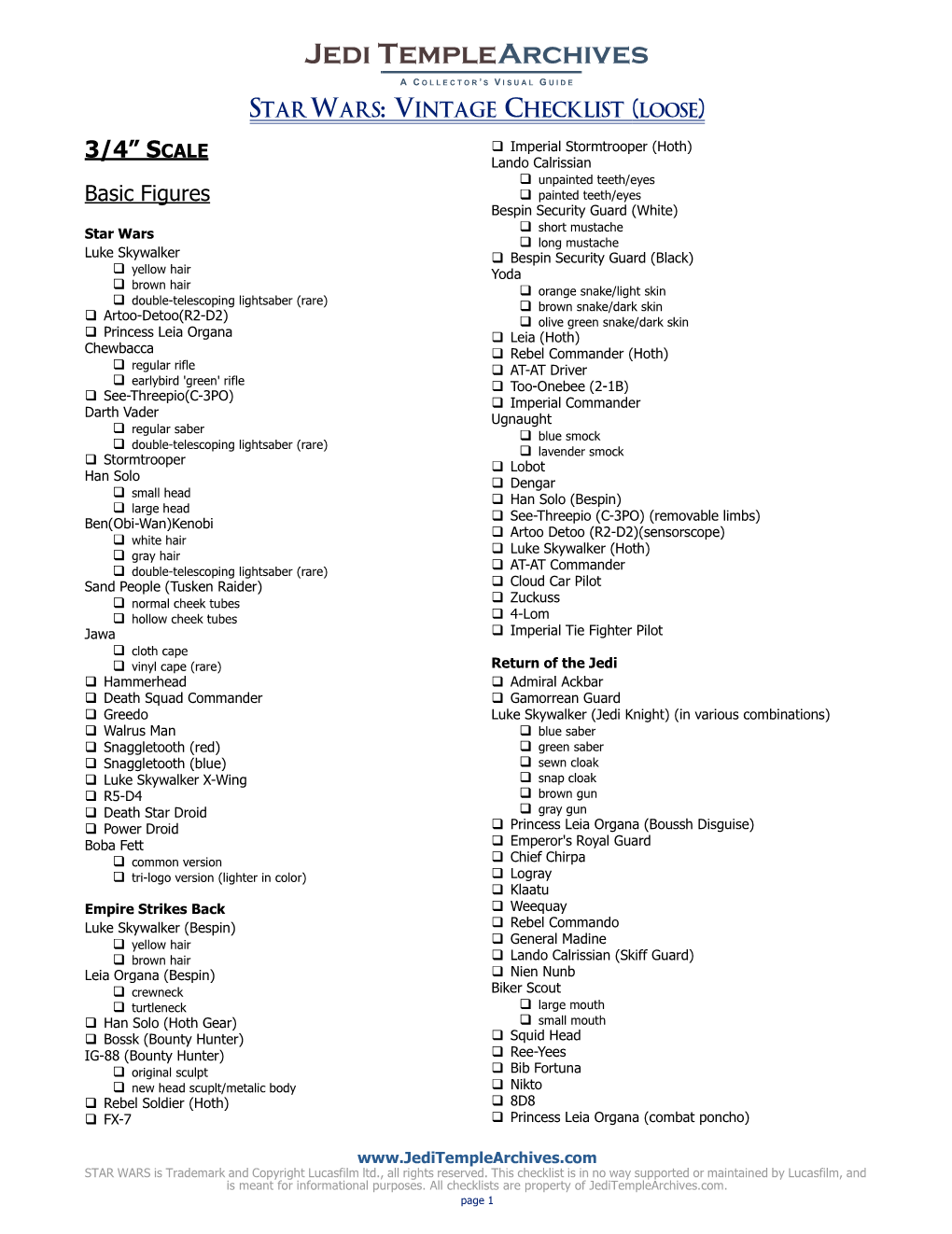 Star Wars: Vintage Checklist (Loose)