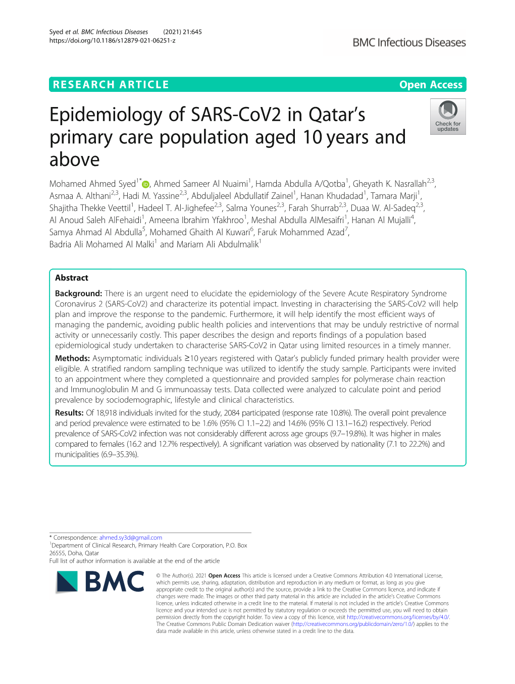 Epidemiology of SARS-Cov2 in Qatar's Primary Care Population