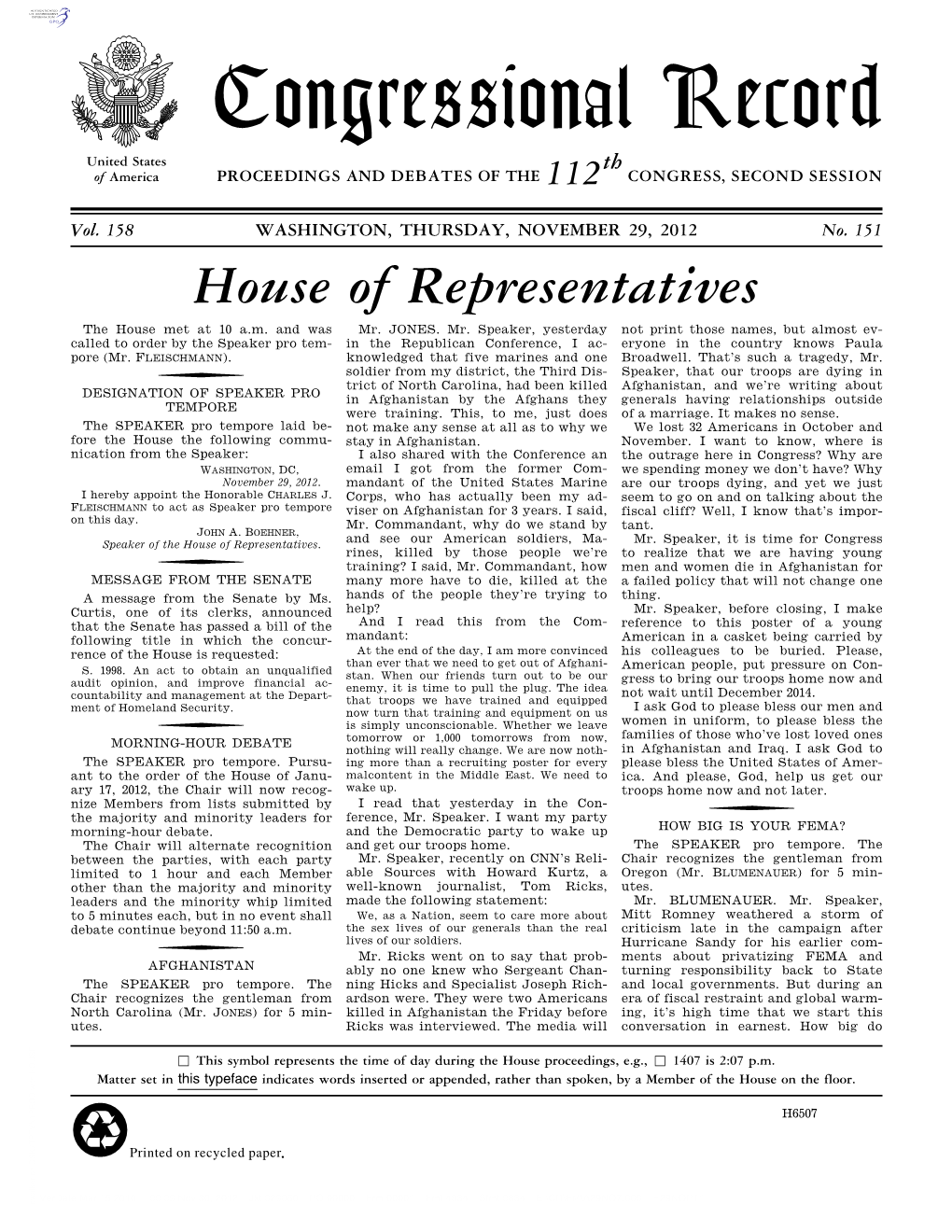 Congressional Record United States Th of America PROCEEDINGS and DEBATES of the 112 CONGRESS, SECOND SESSION