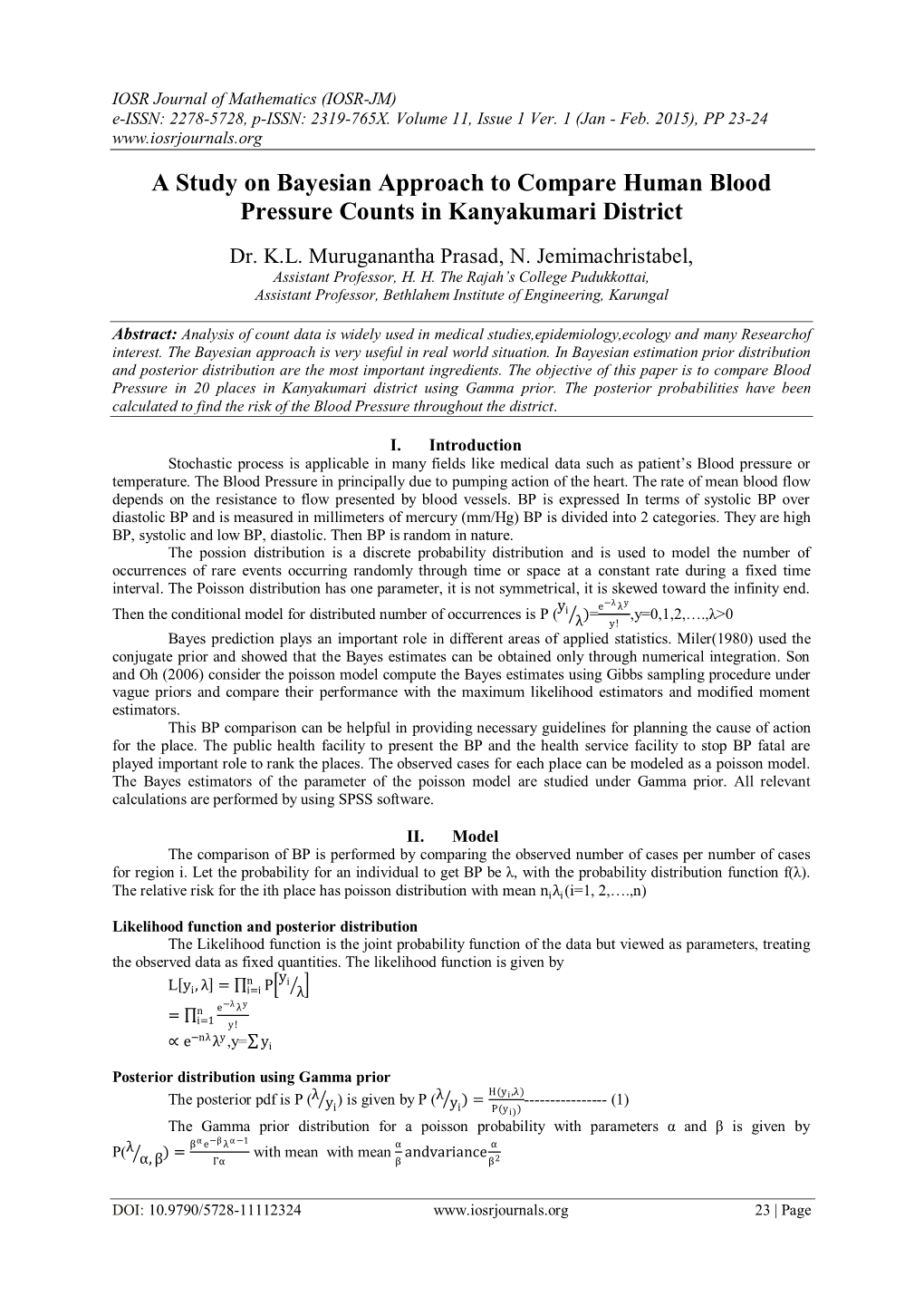 A Study on Bayesian Approach to Compare Human Blood Pressure Counts in Kanyakumari District