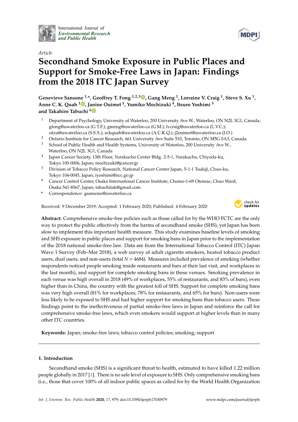 Secondhand Smoke Exposure in Public Places and Support for Smoke-Free Laws in Japan: Findings from the 2018 ITC Japan Survey