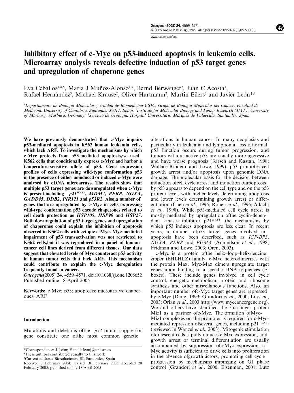 Inhibitory Effect of C-Myc on P53-Induced Apoptosis in Leukemia Cells