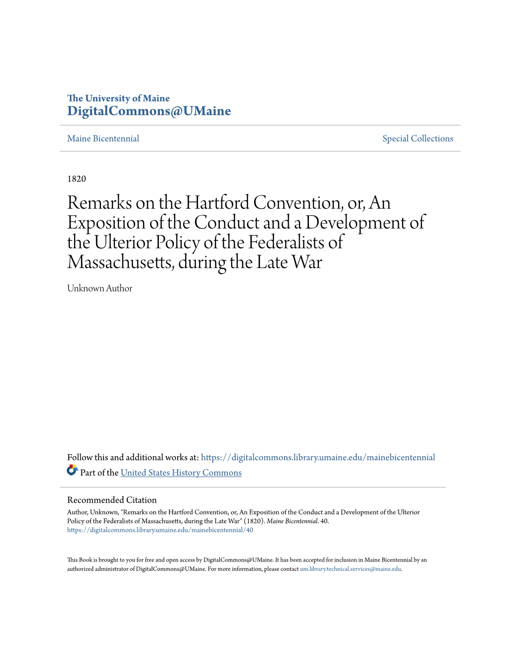 Remarks on the Hartford Convention, Or, an Exposition of the Conduct