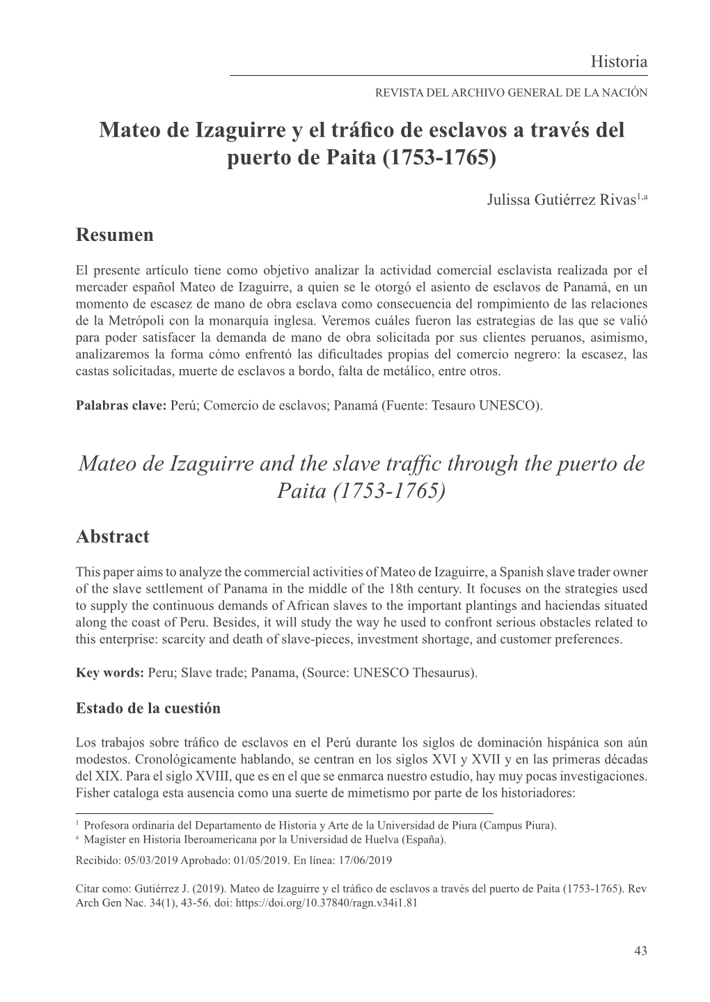 Mateo De Izaguirre and the Slave Traffic Through the Puerto De Paita (1753-1765)