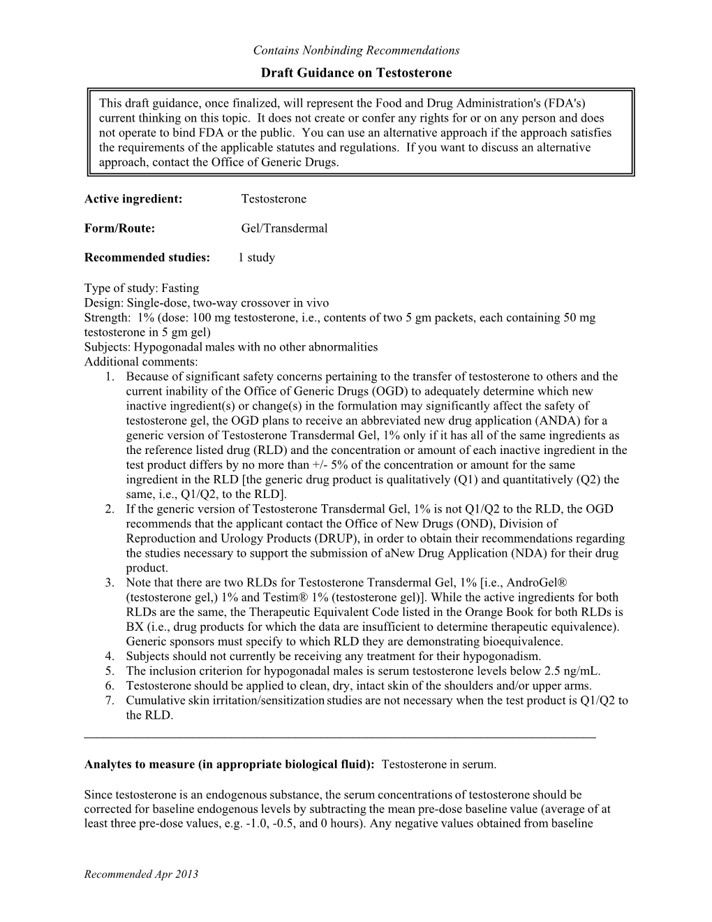 Draft Guidance on Testosterone