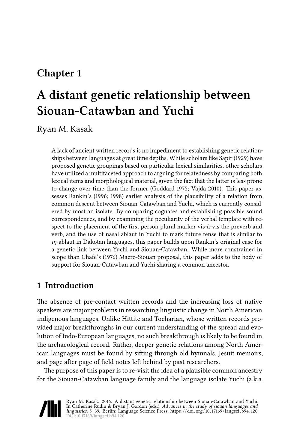 A Distant Genetic Relationship Between Siouan-Catawban and Yuchi Ryan M