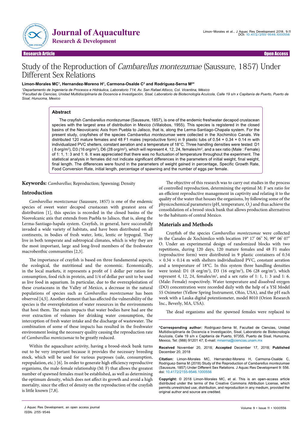 Study of the Reproduction of Cambarellus Montezumae