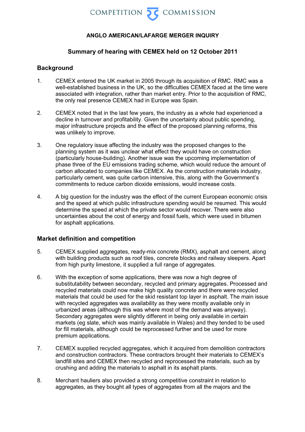 Anglo American/Lafarge Merger Inquiry: Summary of Hearing with CEMEX