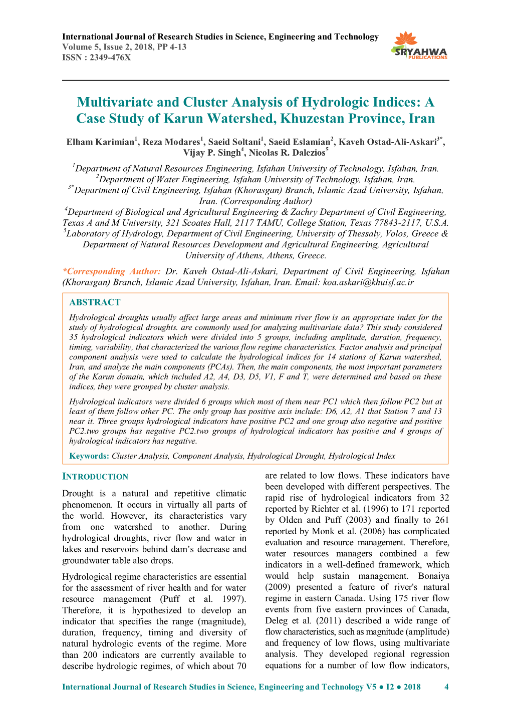 Multivariate and Cluster Analysis of Hydrologic Indices: a Case Study of Karun Watershed, Khuzestan Province, Iran