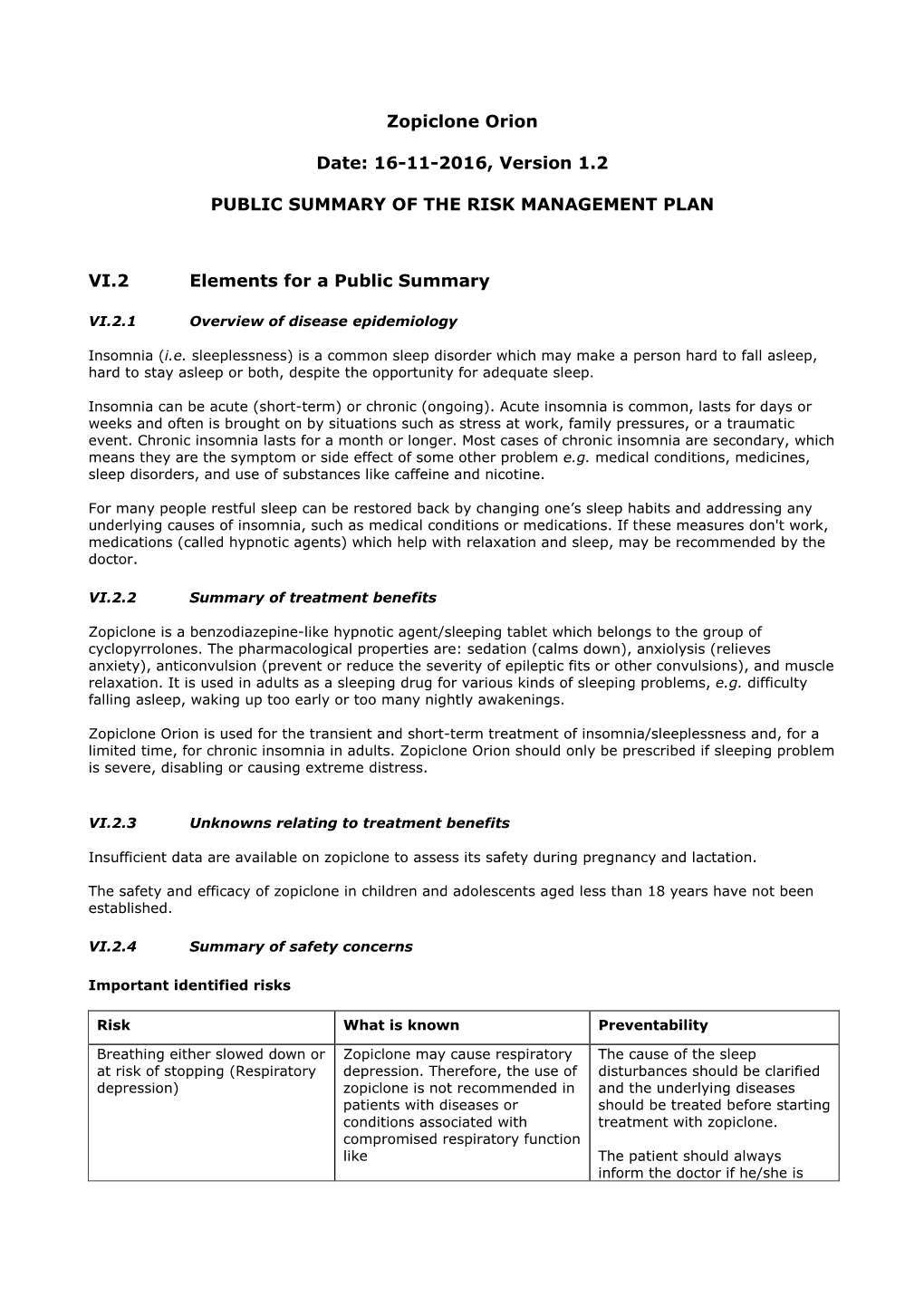 Zopiclone Orion Date: 16-11-2016, Version 1.2 PUBLIC SUMMARY OF