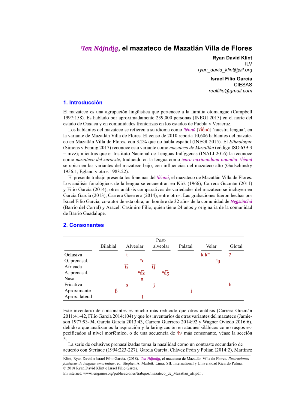 Mazateco De Mazatlán Villa De Flores Ryan David Klint ILV Ryan David Klint@Sil.Org Israel Filio García CIESAS Realfilio@Gmail.Com