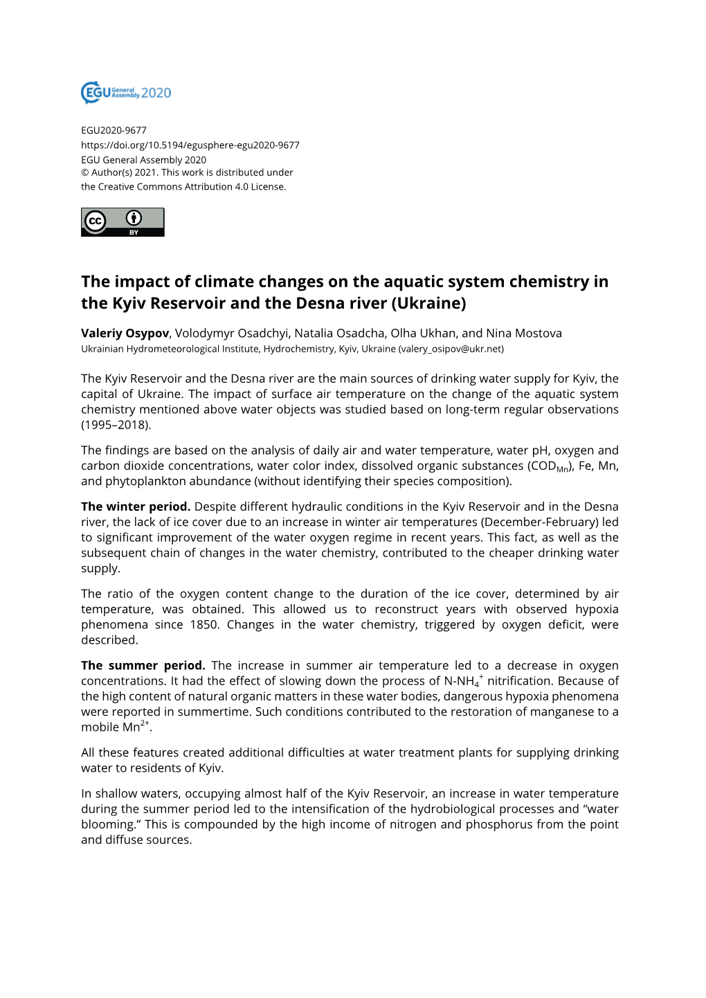 The Impact of Climate Changes on the Aquatic System Chemistry in the Kyiv Reservoir and the Desna River (Ukraine)