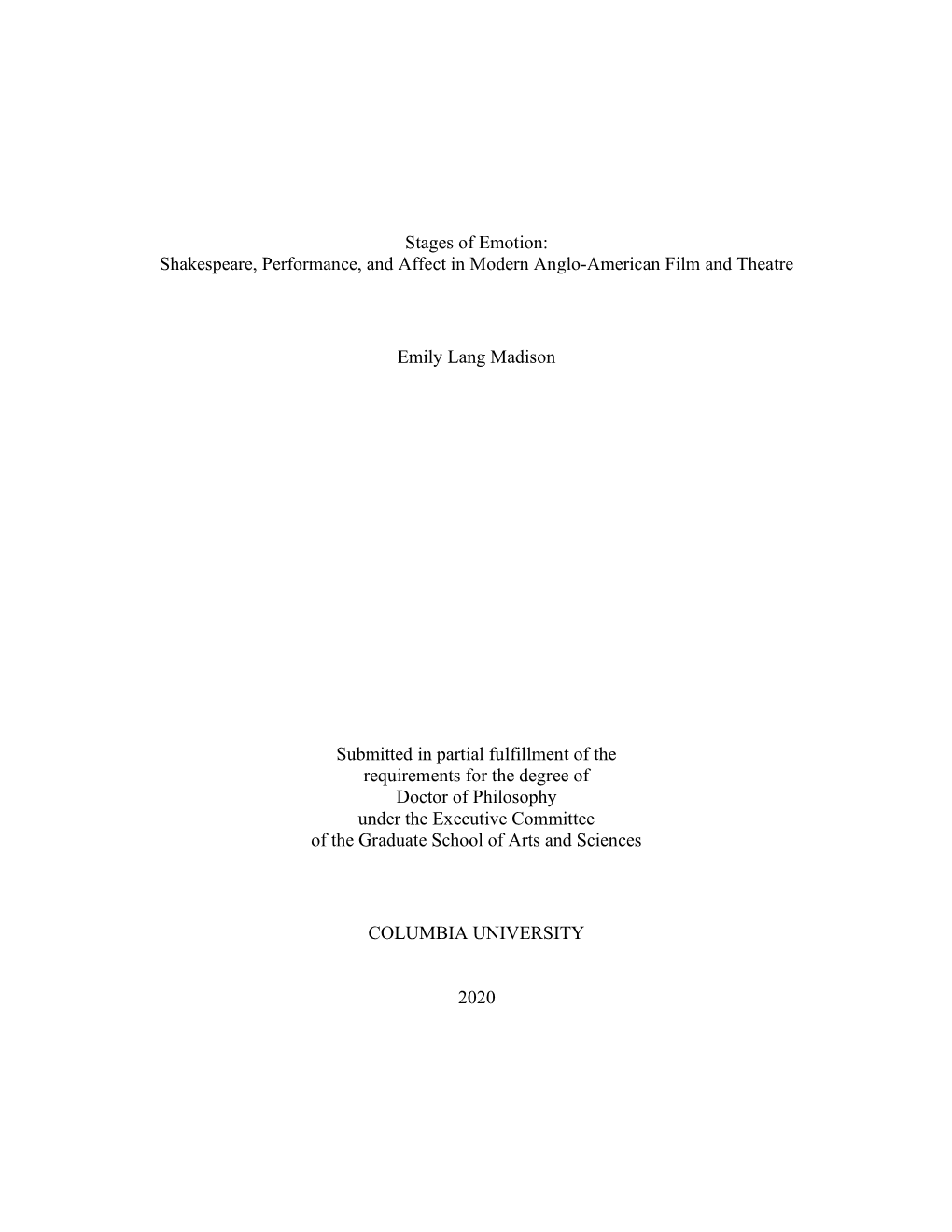 Stages of Emotion: Shakespeare, Performance, and Affect in Modern Anglo-American Film and Theatre