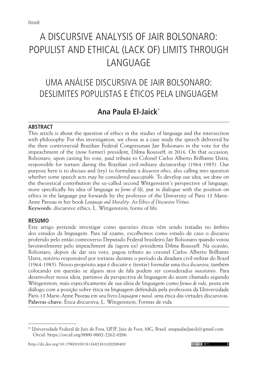 A Discursive Analysis of Jair Bolsonaro: Populist and Ethical (Lack Of) Limits Through Language