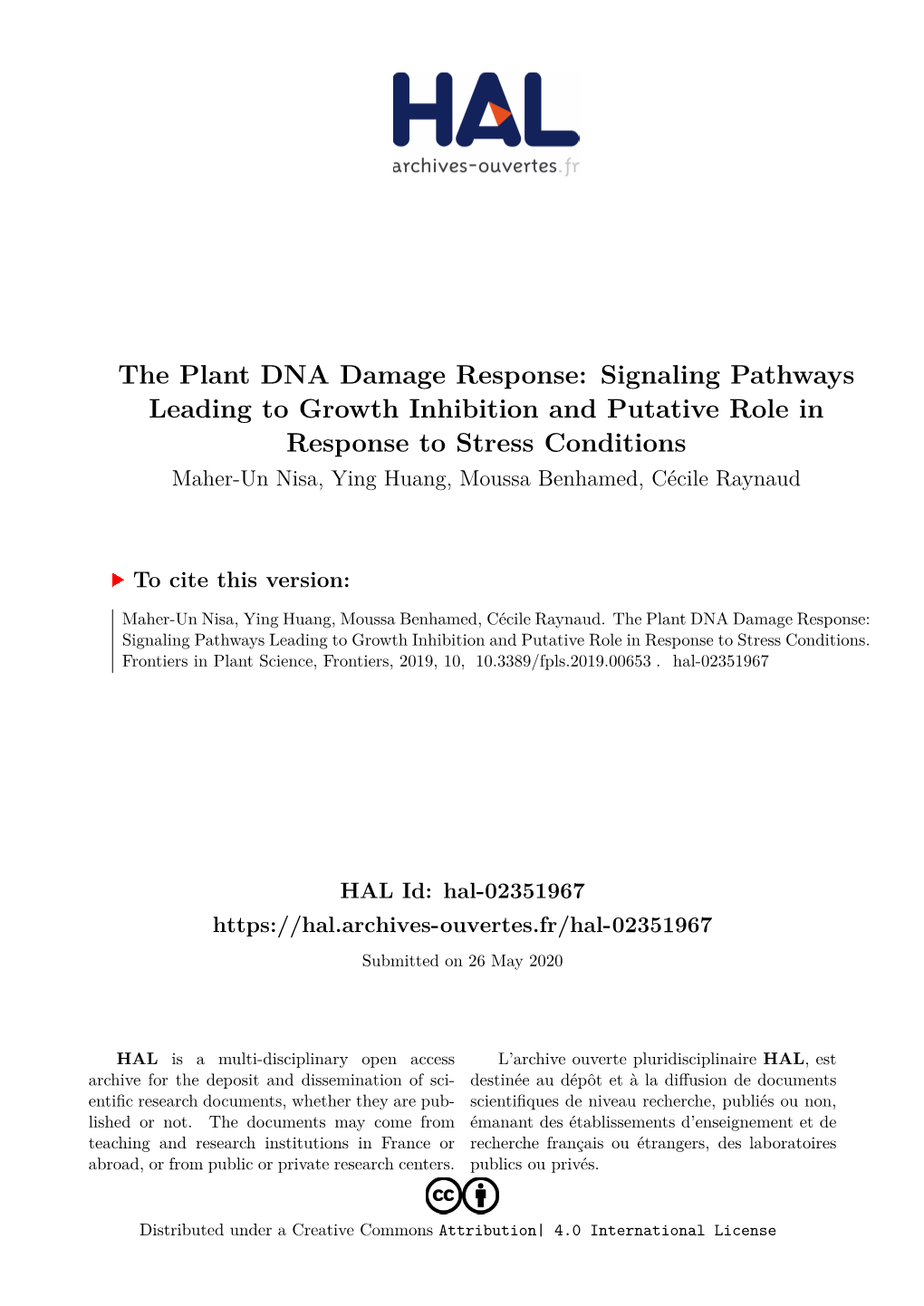 The Plant DNA Damage Response: Signaling Pathways Leading To