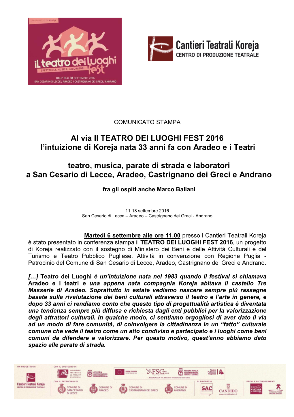 Comunicato Stampa Teatro Dei Luoghi 2016