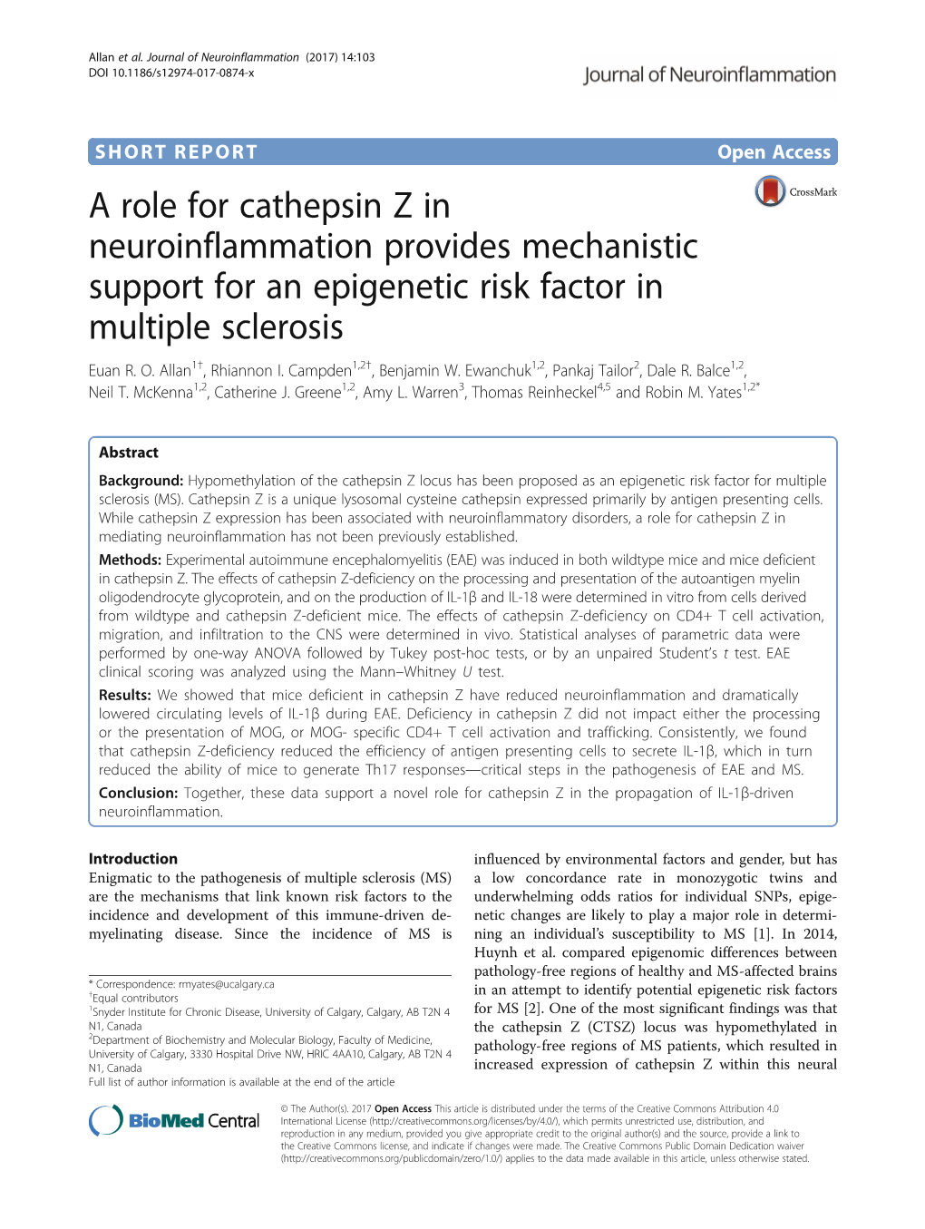 A Role for Cathepsin Z in Neuroinflammation Provides Mechanistic Support for an Epigenetic Risk Factor in Multiple Sclerosis Euan R