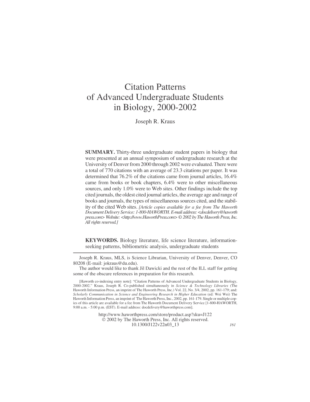 Citation Patterns of Advanced Undergraduate Students in Biology, 2000-2002