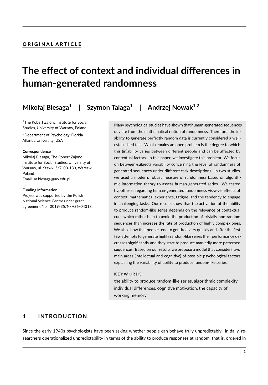 The Effect of Context and Individual Differences in Human‐Generated Randomness