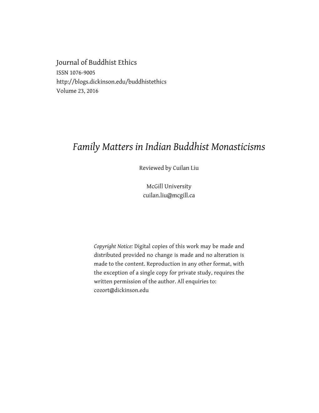 Family Matters in Indian Buddhist Monasticisms