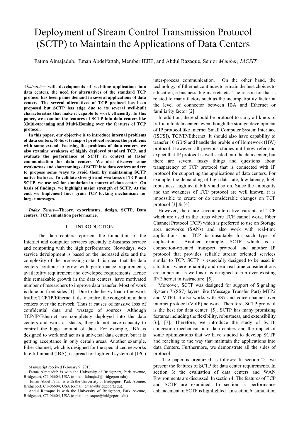 Deployment of Stream Control Transmission Protocol (SCTP) to Maintain the Applications of Data Centers