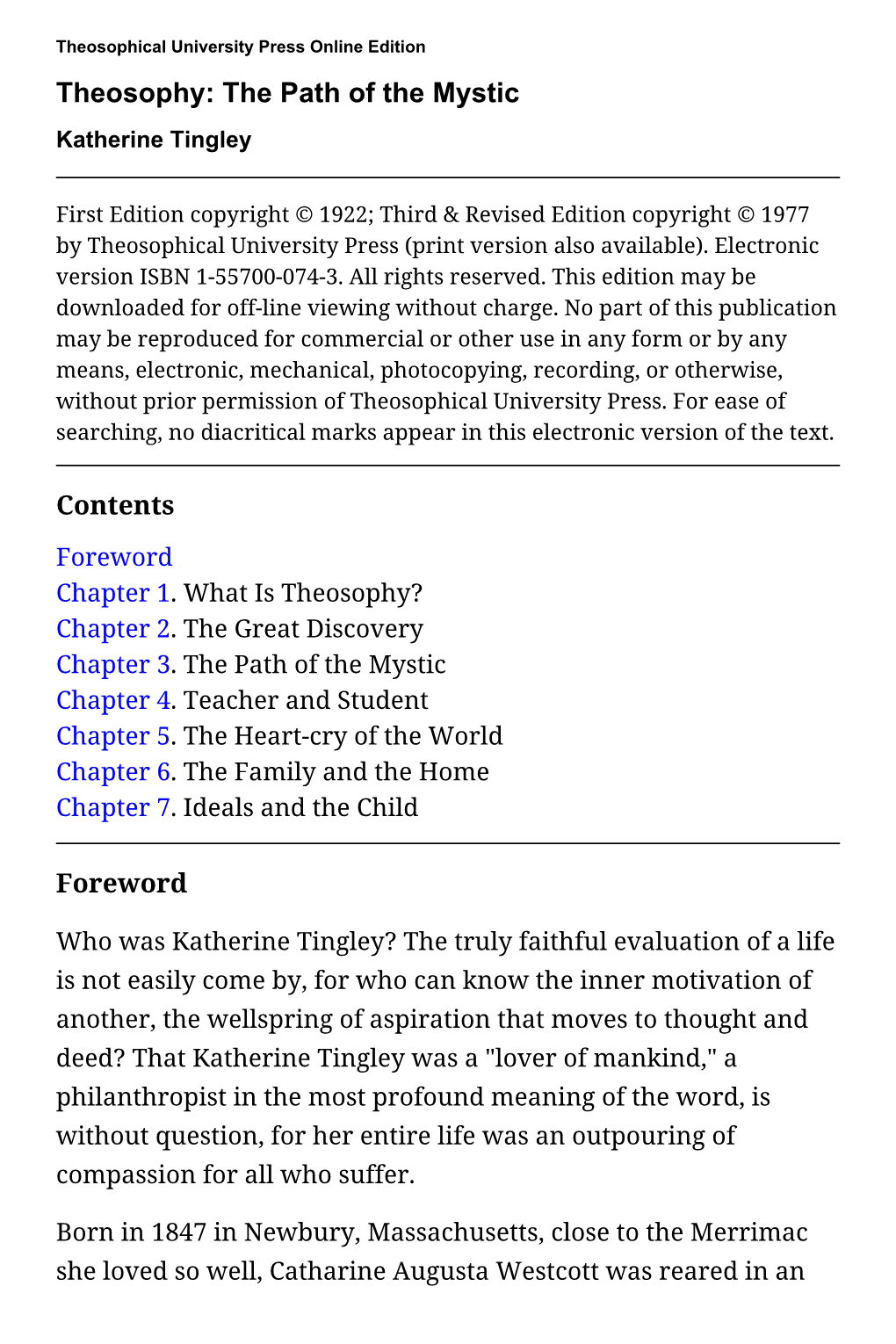 Theosophy: the Path of the Mystic Katherine Tingley