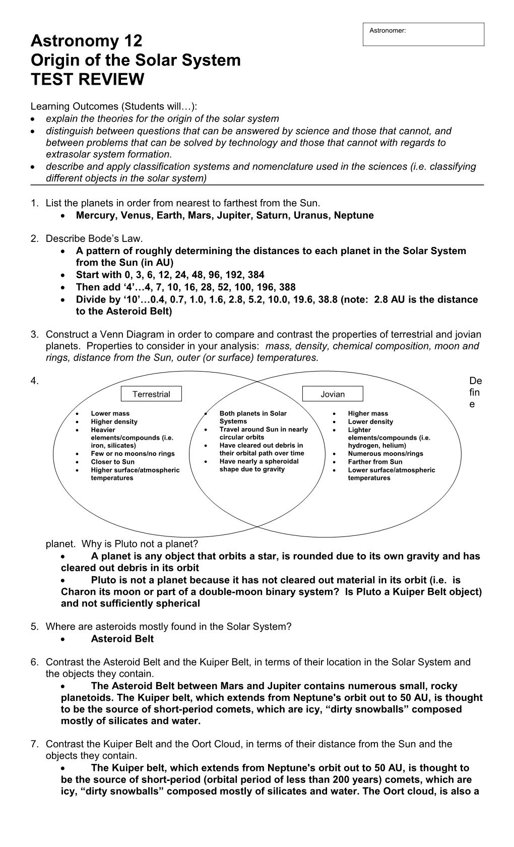 Origin of the Solar System Worksheet