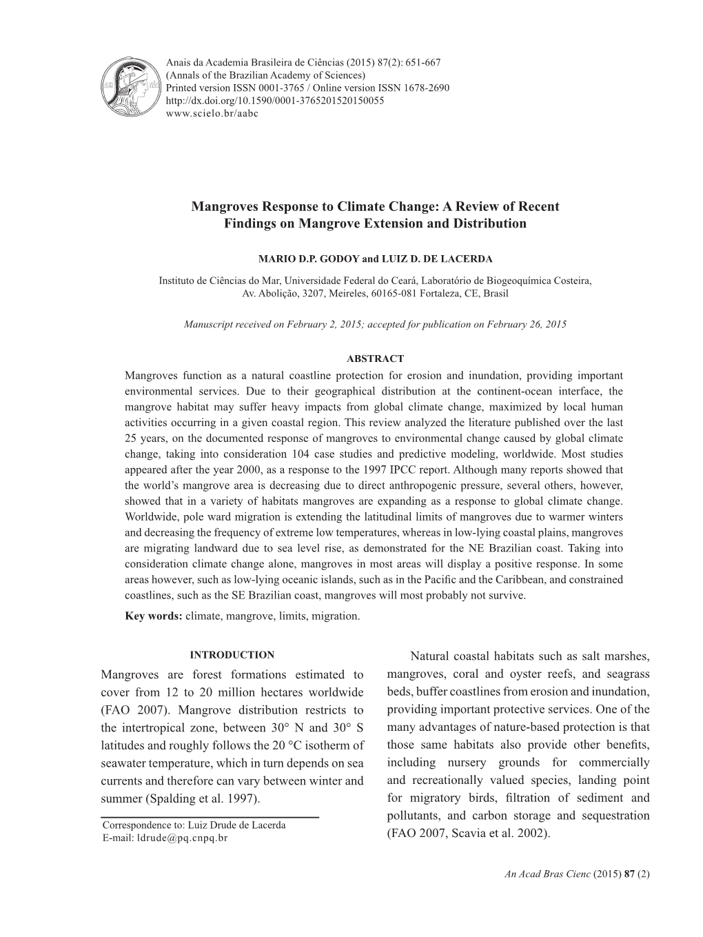 Mangroves Response to Climate Change: a Review of Recent Findings on Mangrove Extension and Distribution