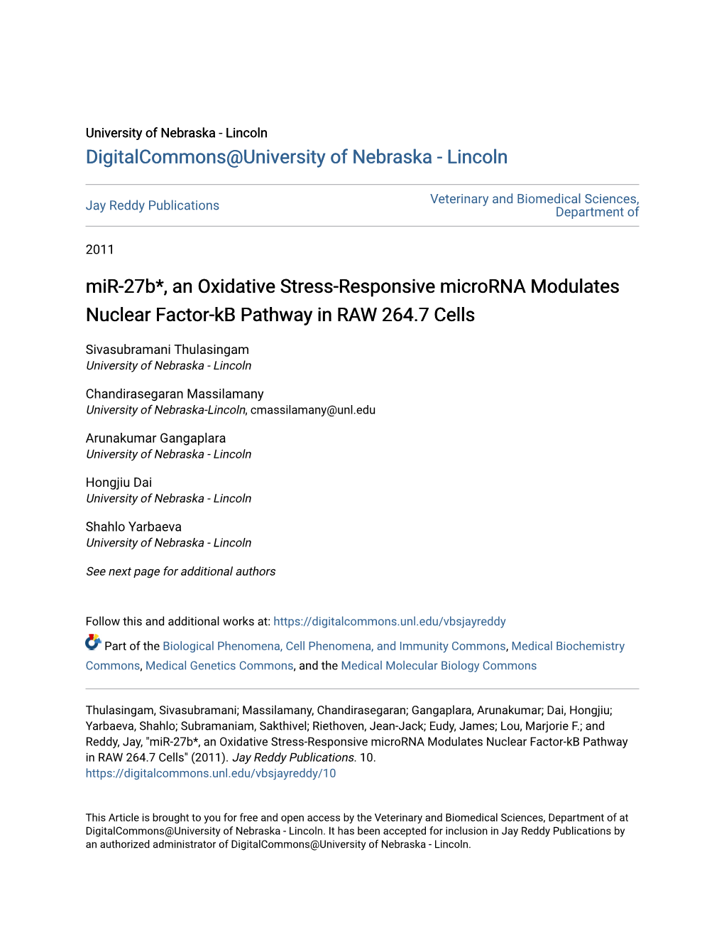 Mir-27B*, an Oxidative Stress-Responsive Microrna Modulates Nuclear Factor-Kb Pathway in RAW 264.7 Cells